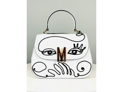 Bílá kabelka Moschino Couture (s černým prošívaným vzorem) se zlatým M vepředu do ruky