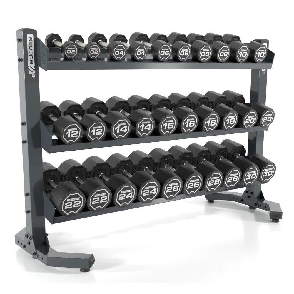 Escape Fitness Sada gumových jednoručních činek Escape 27,5 - 50kg + stojan RACKDB15 na 15 párů vodorovný