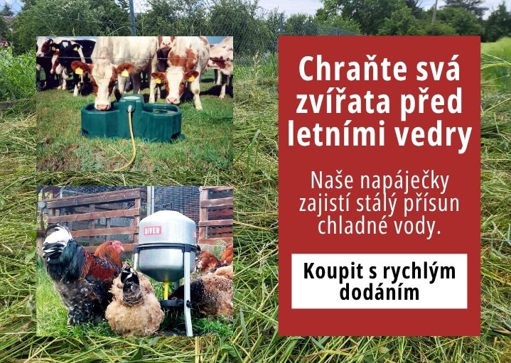 Automatické napáječky pro hospodářská zvířata na pastvě, letní reklamní banner eshopu s textem Chraňte svá zvířata před letními vedry.