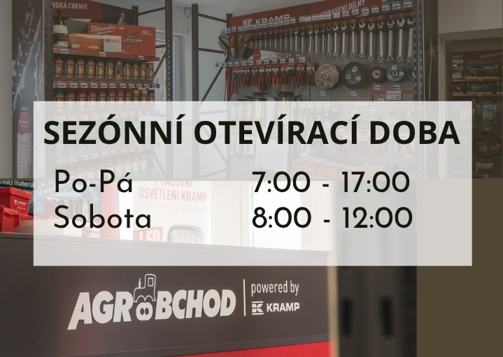 Sezónní otevírací doba na sezónu 2026. V pracovním týdnu do 17. hodin, v sobotu 8-12.