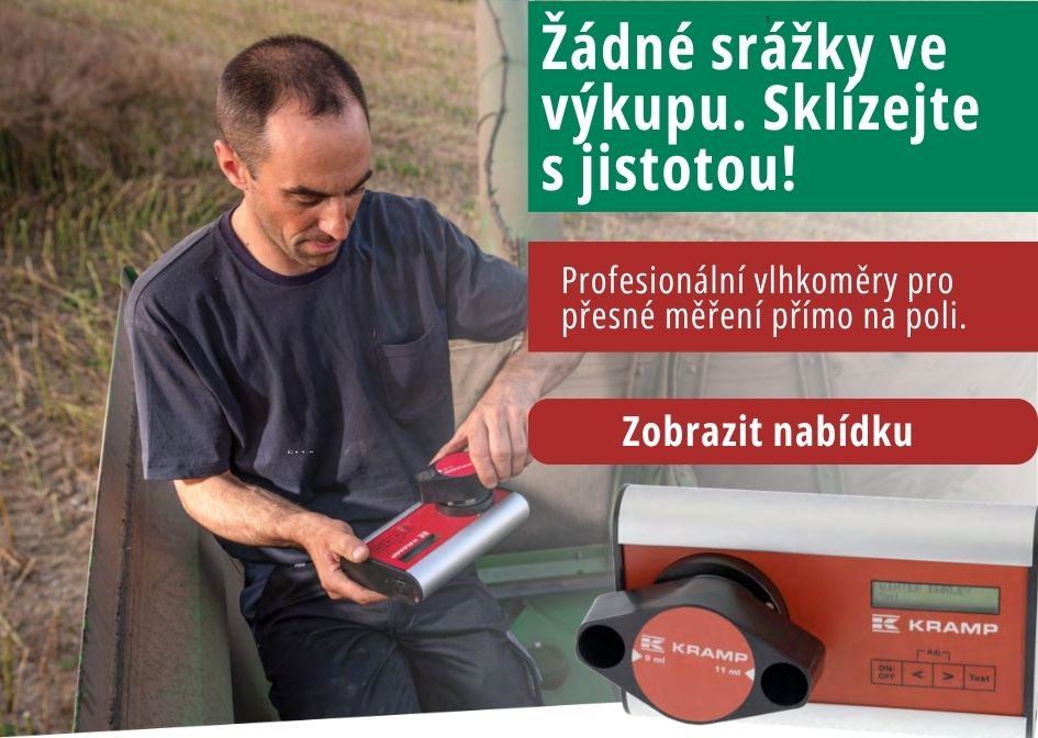 Digitální vlhkoměr na obilí měří vzorek zrna na poli, reklamní banner eshopu s textem: Profesionální vlhkoměry pro přesné měření přímo na poli.