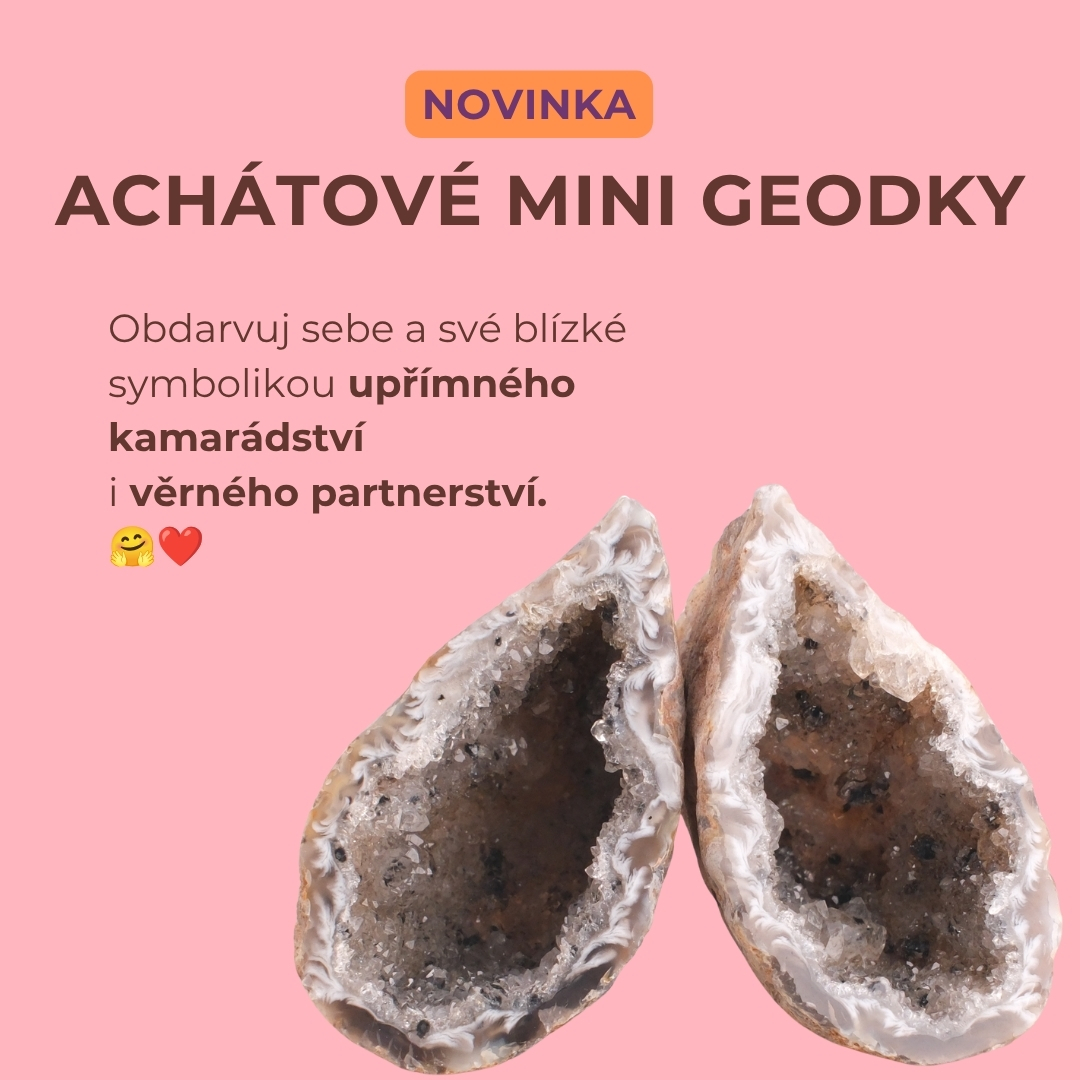Achátové mini geodky jsou přírodní skvosty, které v sobě skrývají úchvatný svět třpytivých krystalů. Každá geodka je jedinečná – zvenku nenápadná, uvnitř plná krásy, stejně jako ta nejcennější přátelství a partnerství. Achát je odedávna považován za káme