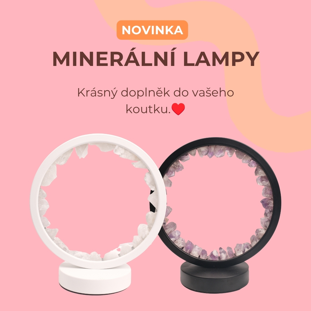 Designové minerální lampy s ametystem a křišťálem v bílém a černém provedení jako dekorace do interiéru.