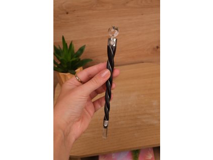 Ručně vyrobená minerální hůlka z palisandru (měsíční kámen, křišťálová špice, křišťálová kulička)