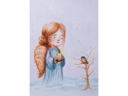 Andělský obraz Zimní anděl se svíčkou - autorský tisk A4