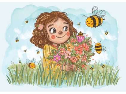 Holčička s kyticí a včelkami - autorský tisk A4