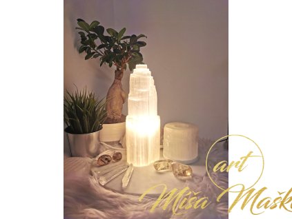 Selenit lampa vež elektrická 25 cm (zklidnění, uvolnění, meditace, napojení, jasnozřivost) Maroko