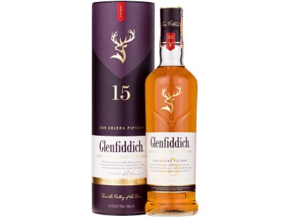 Skotská Single Malt 15-letá whisky Glenfiddich je jedna z nejprodávanějších čistých sladových whisky. Zraje v amerických ex-bourbon sudech, portugalských ex-sherry sudech a následně dozrává metodou Solera v panenských dubových sudech. Na zrání a proces destilace dohlížel Malt Master z destilérky Glenfiddich.
