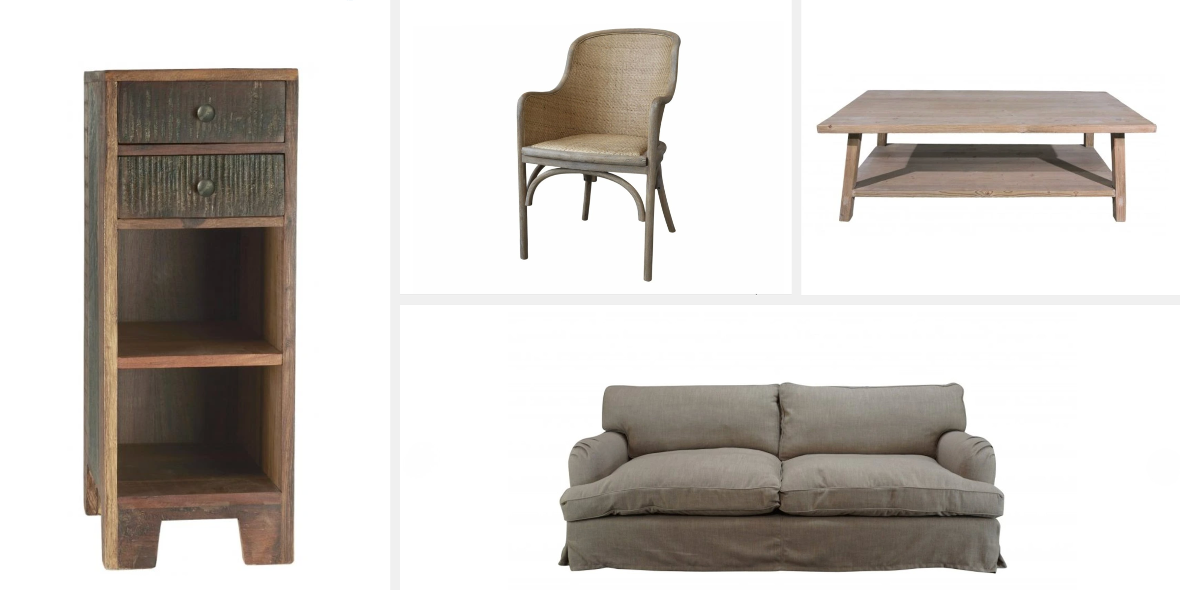 Koláž: rustikální nábytek z Anglické sezóny, rustikální gauč, konferenční stolek, rustikální skříňka a proutěné křeslo