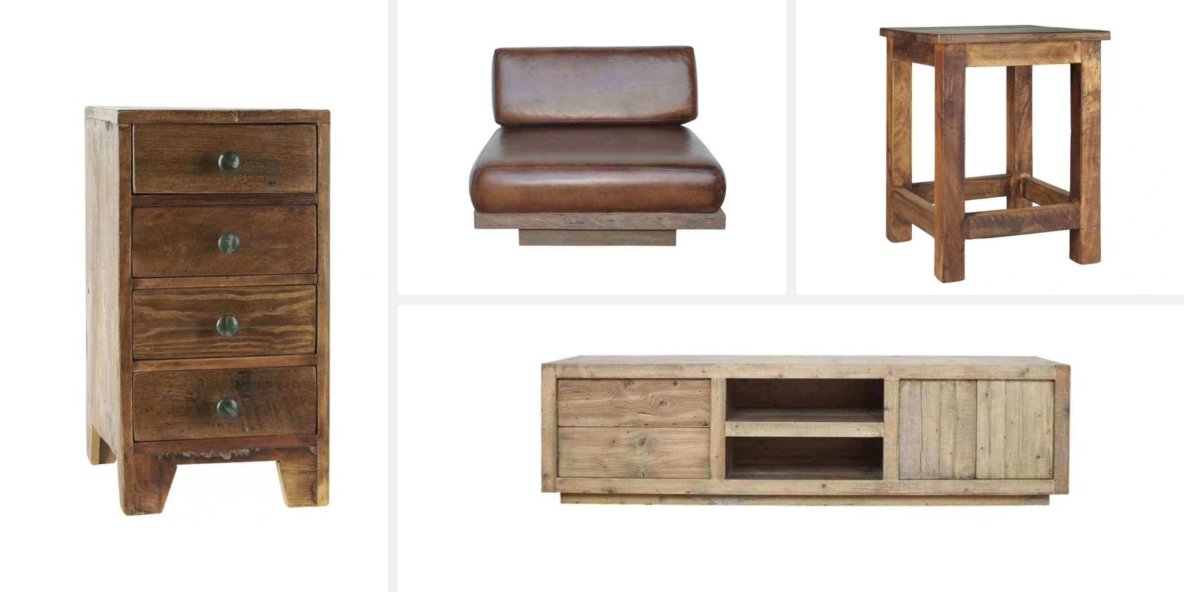 Koláž: rustikální nábytek z Anglické sezóny, dřevěná stolička, skříňky za starého dřeva a kožené křeslo