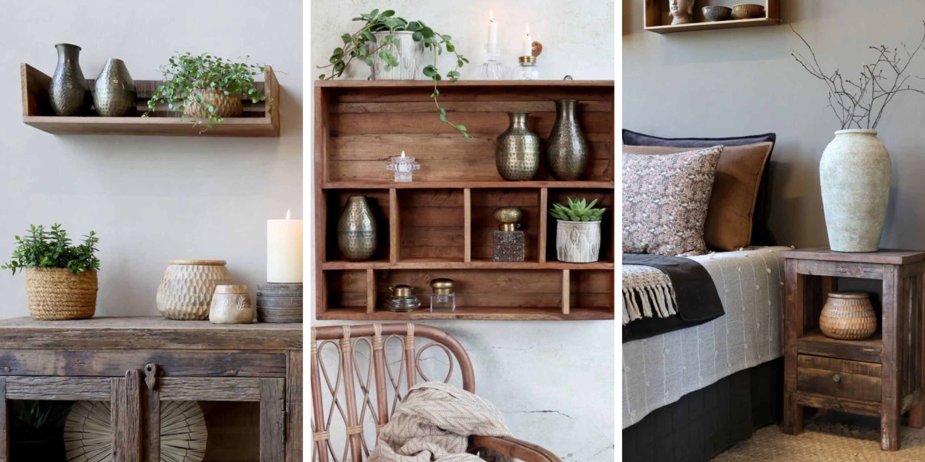 Koláž vintage nábytku z Anglické sezóny: Vintage police, vintage skříň a vintage noční stolek