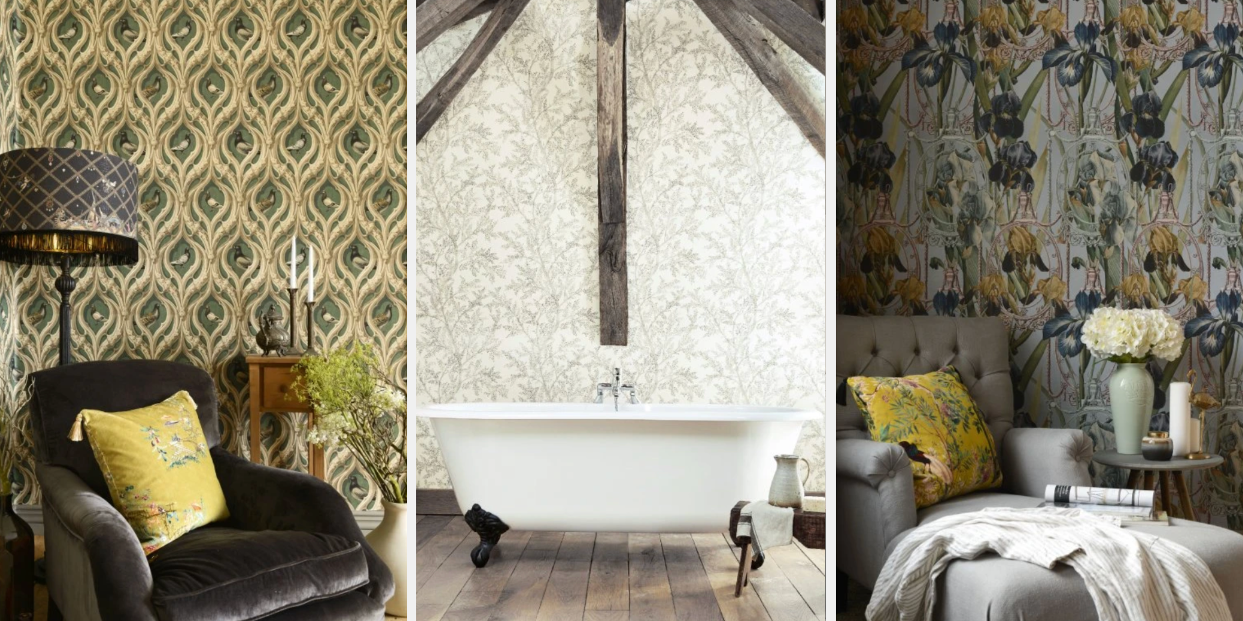 Koláž: tapety v anglickém stylu s květinovým a ornamentálním vzorem