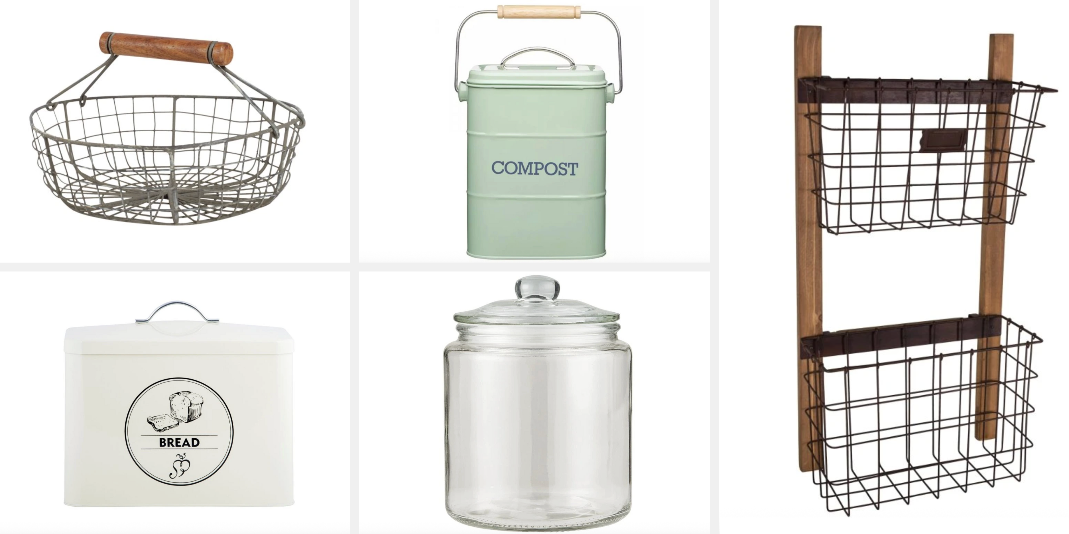 Koláž úložné košíky, boxy, dózy v anglickém stylu