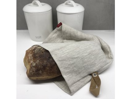 Lněný vak na chleba / sáček na pečivo s koženým poutkem - přírodní