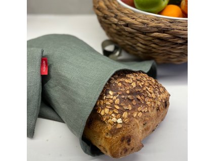 Lněný vak na chleba / sáček na pečivo s koženým poutkem - khaki