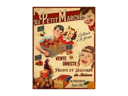 Plechová cedule na malém trhu