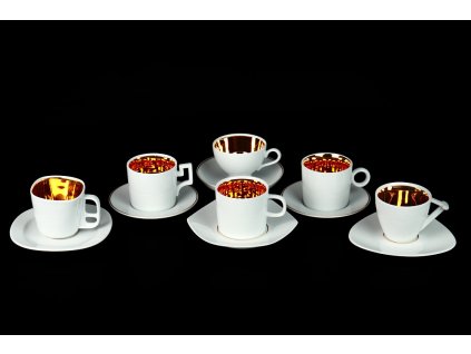kávový šálek, podšálek, best of lesov, zlato, kávové a čajové soupravy porcelán, kávový set, kávový servis, souprava na kávu, hrnky na kávu, kávové šálky, porcelán, karlovarský porcelán, český porcelán, Atelier Lesov, Best of Lesov