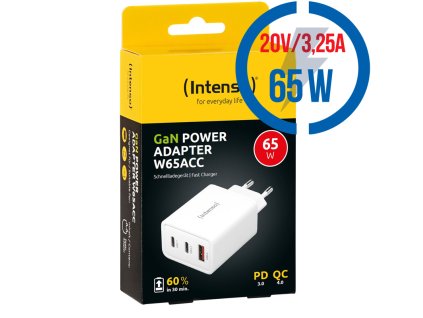 INTENSO W65AC GaN, 3x USBAC, Nabíjačka, 65W, biela
