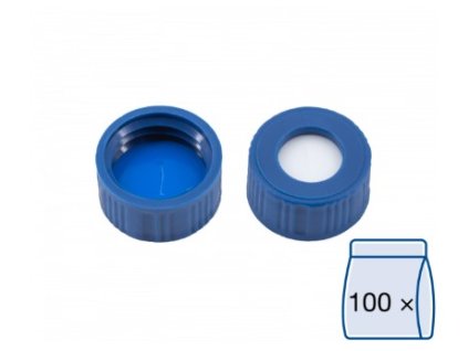 Uzáver N 9 PP screw cap, blue, center hole, Silicone white/PTFE blue, slit, 1.0 mm, 100ks, 702288.1