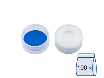 Uzáver N 11 PE snap cap, transparent, center hole, Silicone white/PTFE blue, cross-slit, 1.0 mm, 100ks, 702064