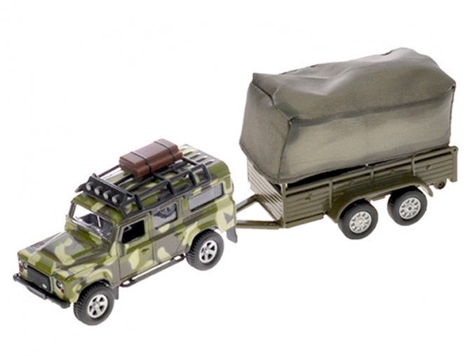 Auto Land Rover Defender Military 14,5 cm kov zpětný chod s přívěsem s plachtou v krabičce