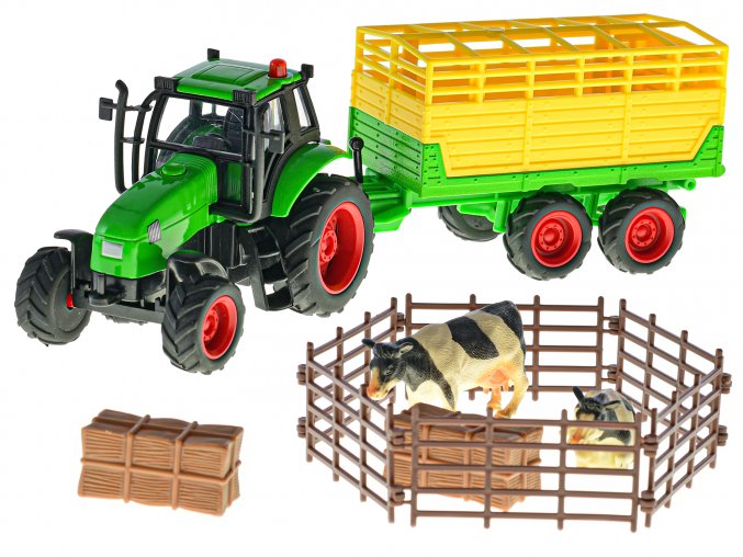 Farming traktor 10 cm kov s vlekem na baterie se světlem a zvukem a doplňky v krabičce