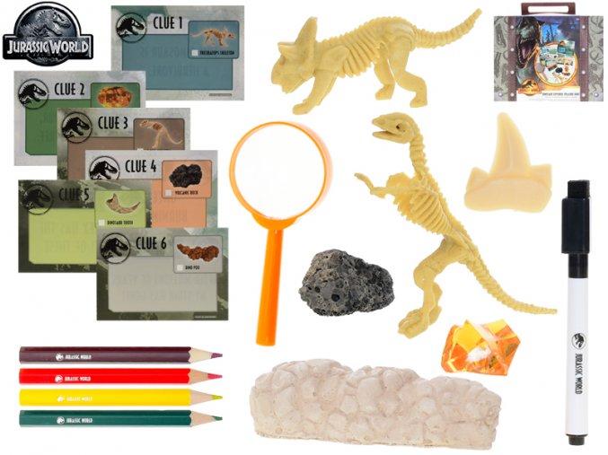 JURSKÝ SVĚT - kufřík průzkumníka s lupou, psacími potřebami a se sadou dinosauřích fosilií v krabičce