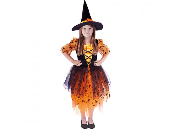 Dětský kostým oranžová čarodějnice/Halloween s kloboukem (M)
