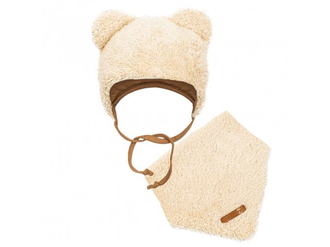 Zimní kojenecká čepička s šátkem na krk Teddy bear béžová