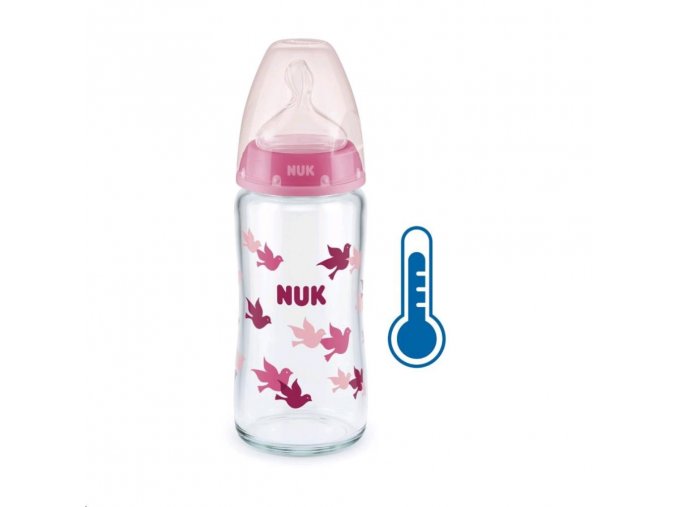 Skleněná kojenecká láhev FC s kontrolou teploty 240 ml růžová