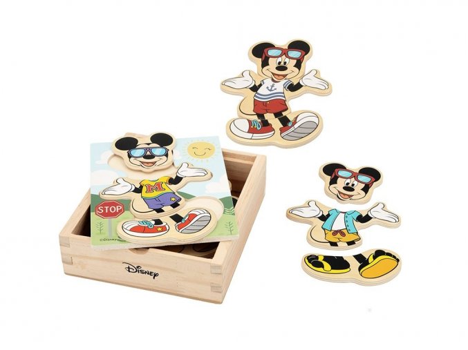 MICKEY Mouse vkládačka dřevěná "Obleč Mickeyho" 19 ks v dřevěné krabičce ve fólii