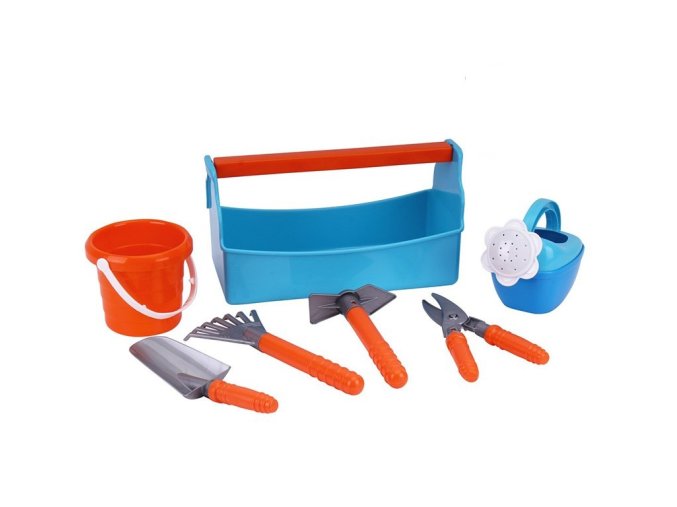 Nářadí zahradní 4 ks s kbelíkem a konvičkou v přepravce 30x14 cm v síťce