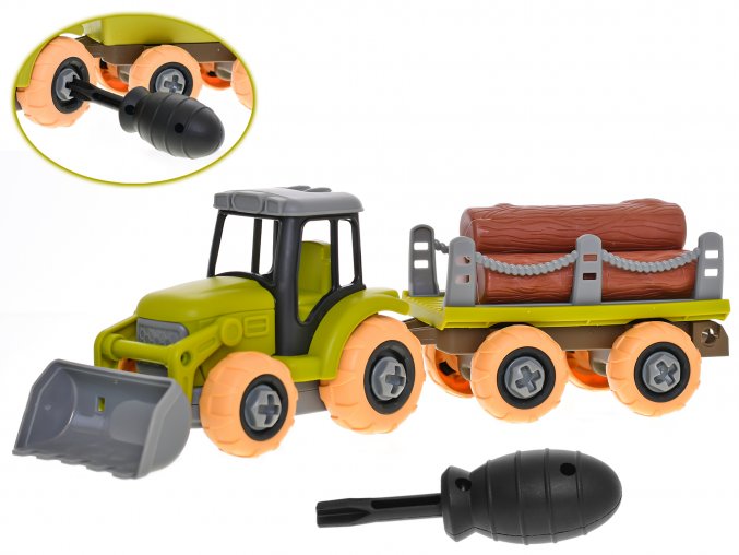 Traktor 28 cm šroubovací volný chod s vlečkou a kládami v krabičce