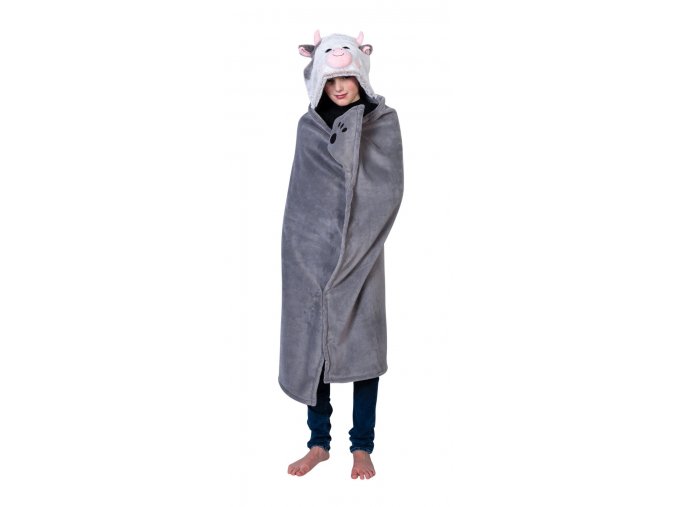 Kravička - hřejivá deka s kapucí se zvířátkem a tlapkovými kapsami