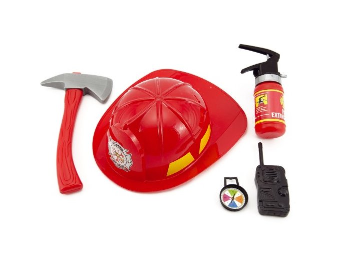 Hasičská sada helma/přilba + hasičák stříkací vodu plast 5 ks v sáčku