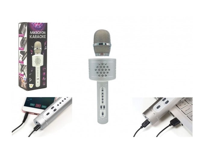 Mikrofon karaoke Bluetooth stříbrný na baterie s USB kabelem v krabici