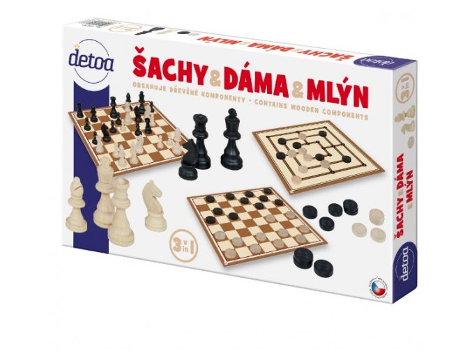 Šachy, dáma, mlýn dřevěné figurky a kameny společenská hra v krabici