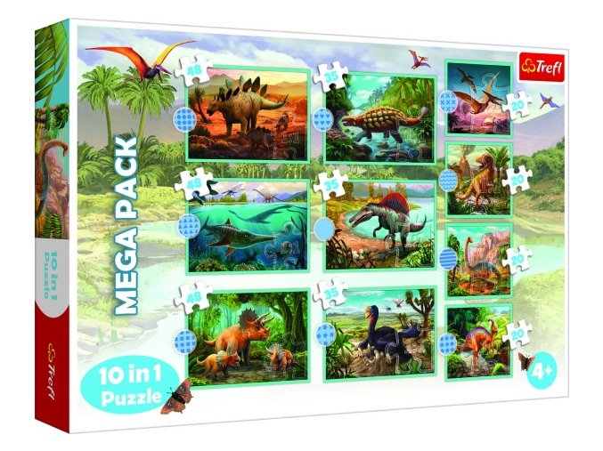 Puzzle 10v1 Seznamte se se všemi dinosaury v krabici