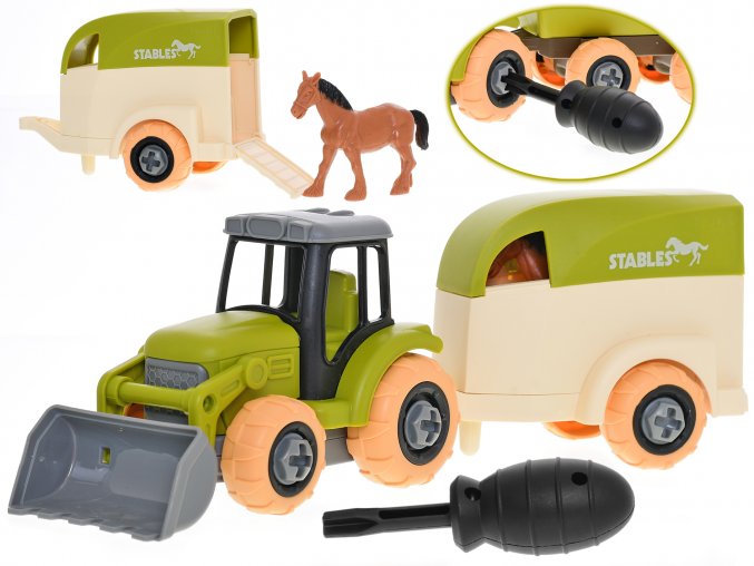 Traktor 26 cm šroubovací volný chod s přívěsem a koněm v krabičce