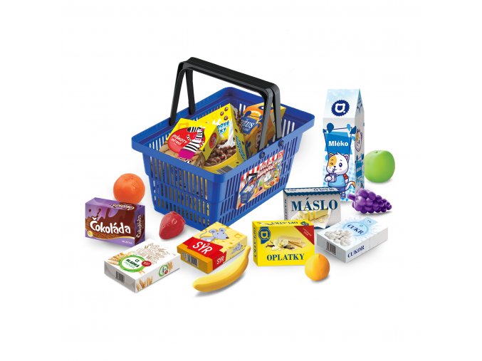 Mini obchod - nákupní košík s doplňky a učením jak nakupovat - modrý