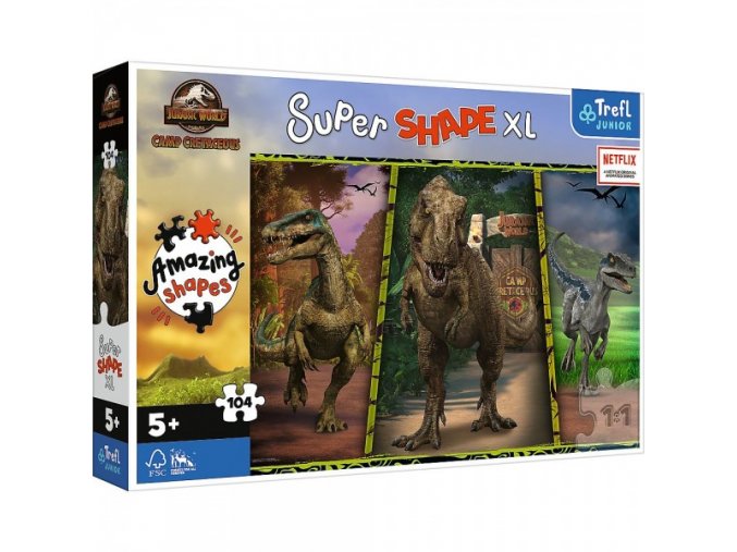 Puzzle 104 XL Super Shape Barevní dinosauři/JURASSIC WORLD 60x40 cm v krabici