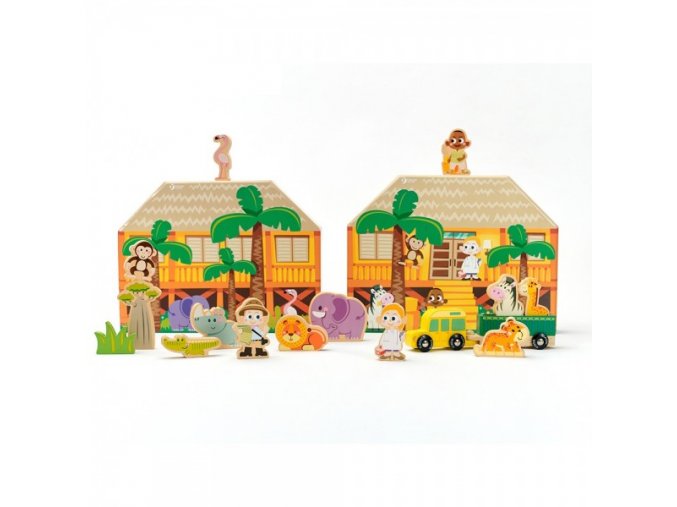 Safari/ZOO figurky dřevo + domeček 16 ks ve fólii