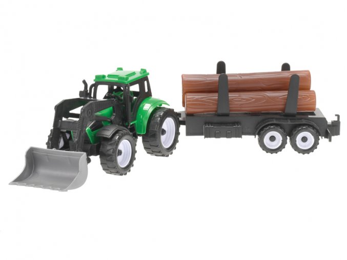 Traktor nakladač 17 cm na setrvačník + 2 vlečky v krabičce