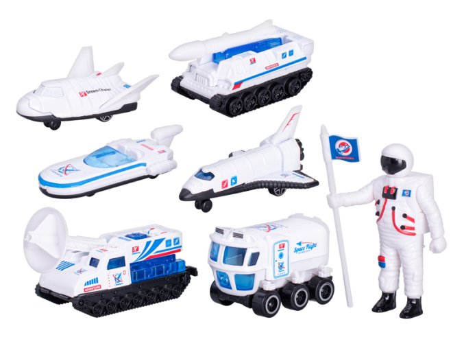 Vesmírná vozidla 6-8,5 cm kov volný chod 6 ks s astronautem 7,5 cm v krabičce