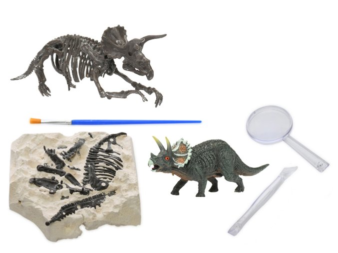 Dinoworld dinosaurus 12 cm a zkamenělina v sádře s dlátem, lupou a štětcem