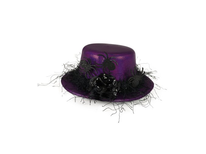 Mini klobouk fialový s černou květinou a pavoučky