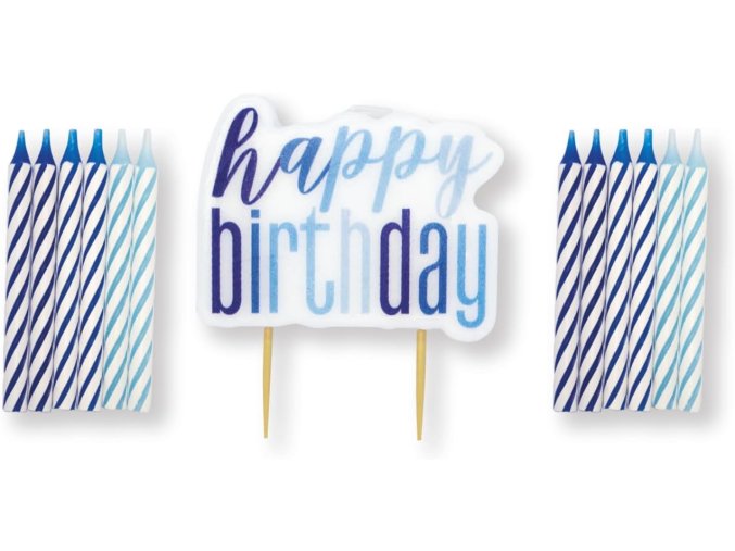 Set svíček - modro-bílý Happy Birthday! 13 ks