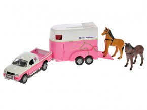 Horses Mitsubishi Pajero růžové 13 cm kov zpětný chod s přívěsem pro koně v krabičce