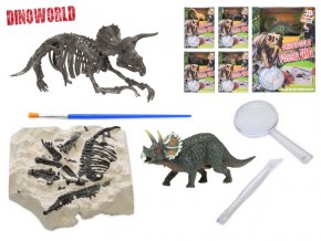 Dinoworld dinosaurus 12 cm a zkamenělina v sádře s dlátem, lupou a štětcem v krabičce