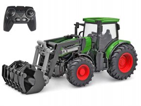 R/C traktor zelený 27 cm s předním nakladačem na baterie se světlem 2,4GHz v krabičce